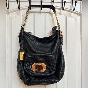 Badgley Mischka Connie Hobo In Black Leather with Turn Lock and Removable Strap